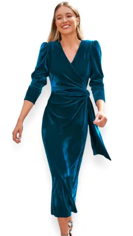 A2082 Teal Velvet Faux Wrap Dress