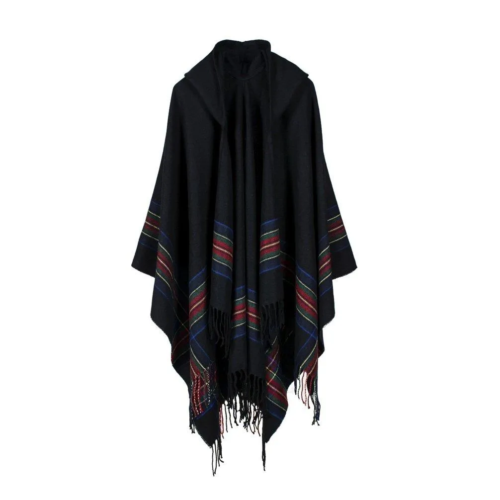 Bakerdani Poncho Capes with Hood Pashmina Cardigans Blanket Shawls with Tassels Black