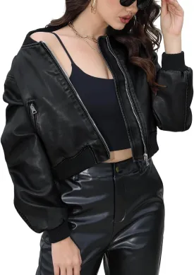 Bellivera Women's Cropped Faux Leather Jacket Bomber Casual Zip Up Coat PU Moto Bike Outwear with Pockets