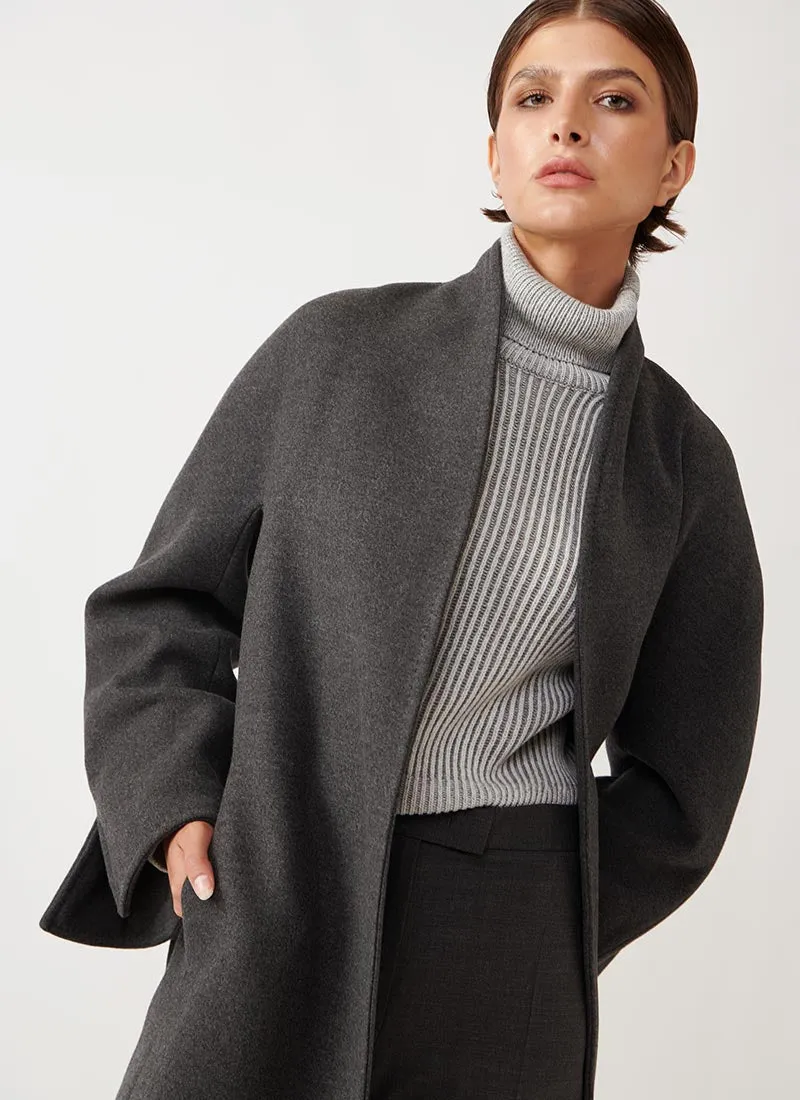 Belted Collarless Wool Coat