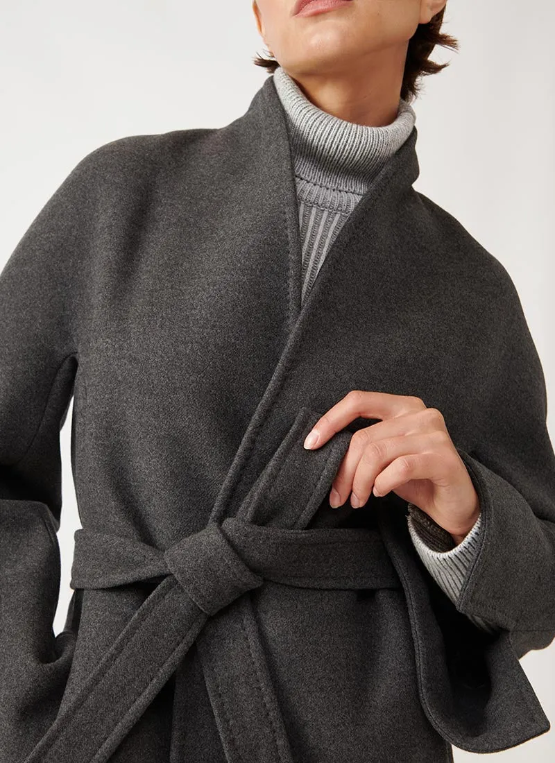 Belted Collarless Wool Coat