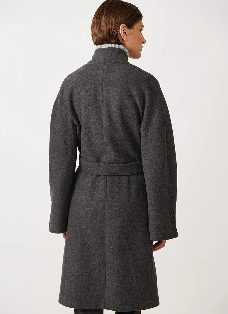 Belted Collarless Wool Coat