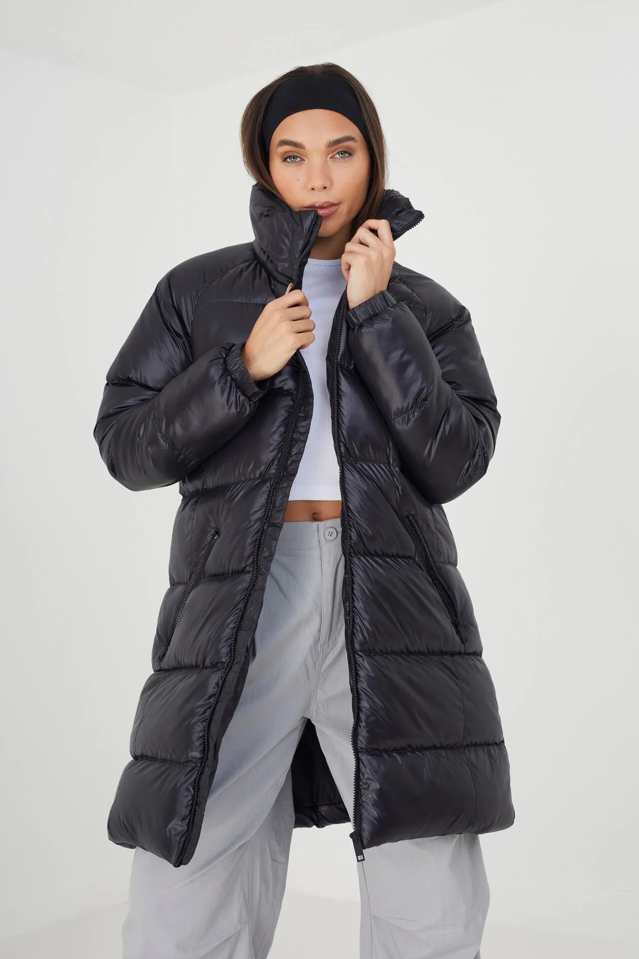 BLACK HIGH SHINE LONGER LENGTH PUFFER COAT
