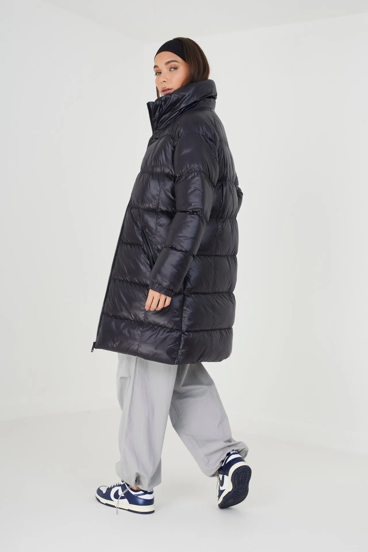 BLACK HIGH SHINE LONGER LENGTH PUFFER COAT