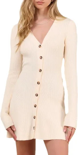 Bozanly Women's Elegant Deep V Neck Long Sleeve Button Front Ribbed Knit Mini Dress Sexy Sweater Dresses