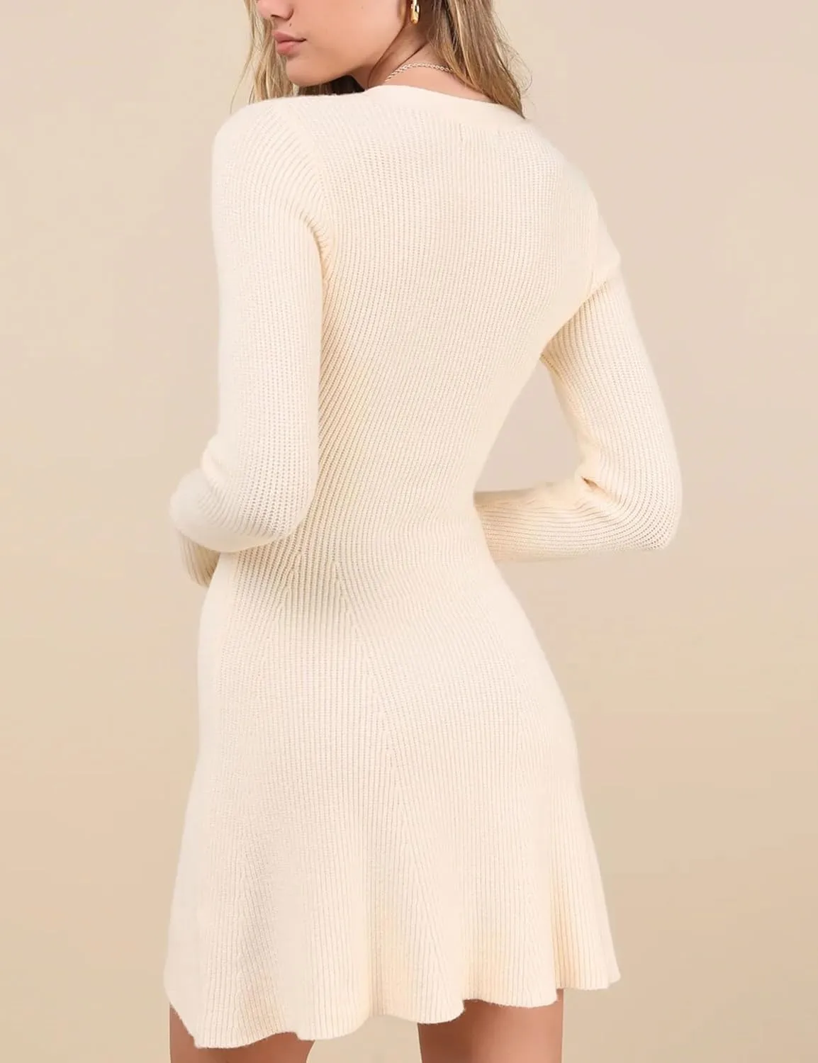 Bozanly Women's Elegant Deep V Neck Long Sleeve Button Front Ribbed Knit Mini Dress Sexy Sweater Dresses