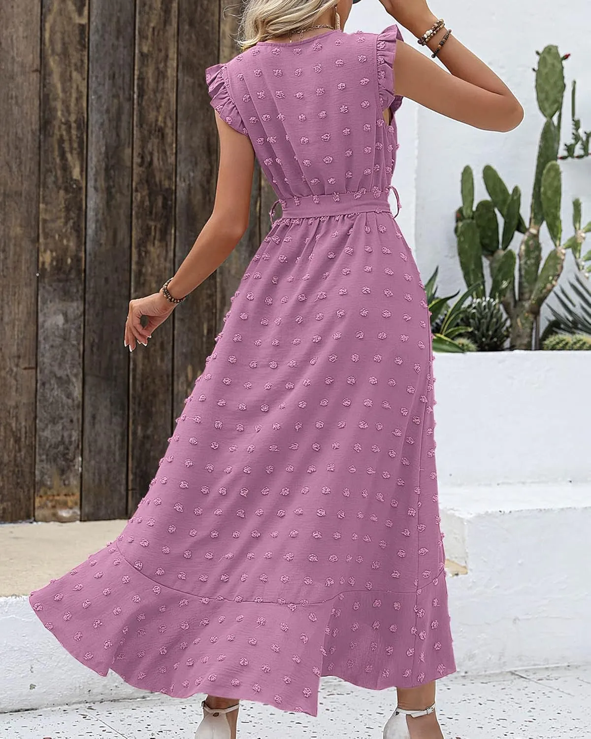BTFBM Women V Neck Summer Dress 2025 Cap Sleeve Swiss Dot Boho Flowy Ruffle Slit Beach Party Long Maxi Cocktail Dresses