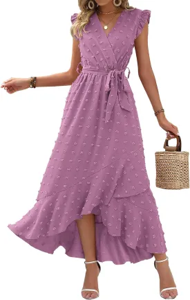 BTFBM Women V Neck Summer Dress 2025 Cap Sleeve Swiss Dot Boho Flowy Ruffle Slit Beach Party Long Maxi Cocktail Dresses
