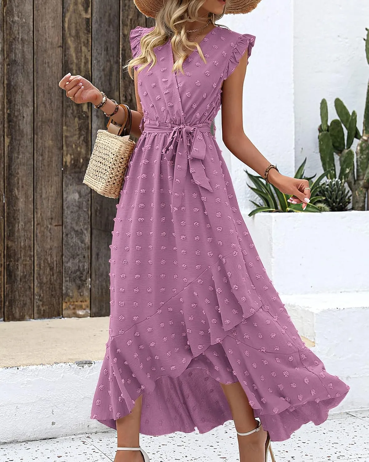 BTFBM Women V Neck Summer Dress 2025 Cap Sleeve Swiss Dot Boho Flowy Ruffle Slit Beach Party Long Maxi Cocktail Dresses