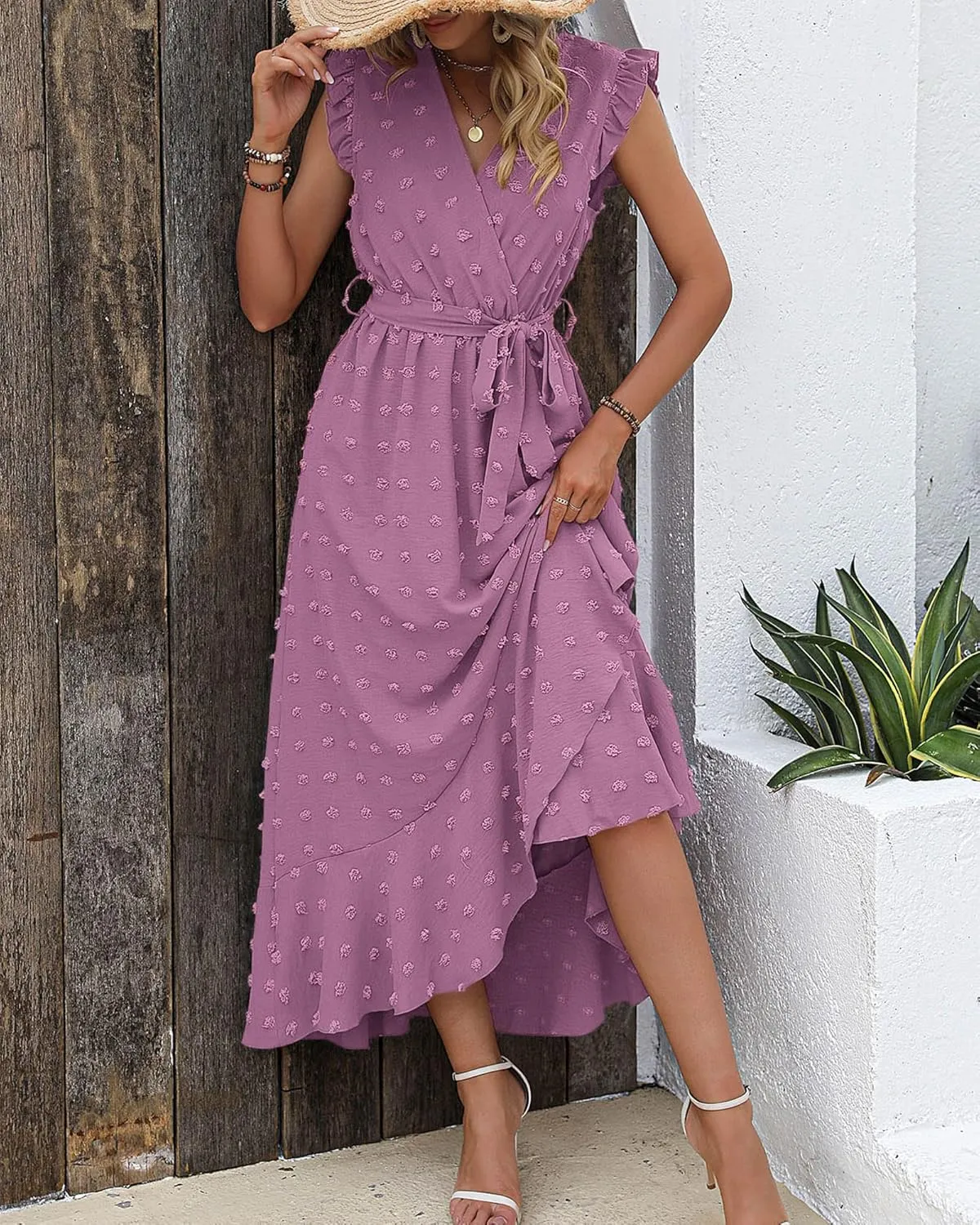BTFBM Women V Neck Summer Dress 2025 Cap Sleeve Swiss Dot Boho Flowy Ruffle Slit Beach Party Long Maxi Cocktail Dresses