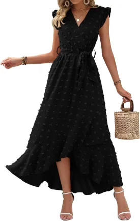 BTFBM Women V Neck Summer Dress 2025 Cap Sleeve Swiss Dot Boho Flowy Ruffle Slit Beach Party Long Maxi Cocktail Dresses