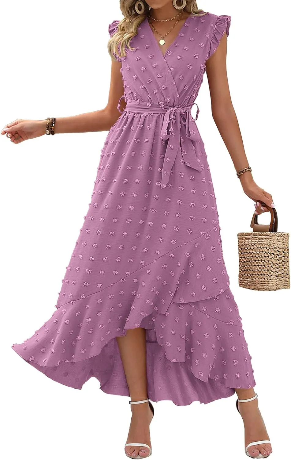 BTFBM Women V Neck Summer Dress 2025 Cap Sleeve Swiss Dot Boho Flowy Ruffle Slit Beach Party Long Maxi Cocktail Dresses