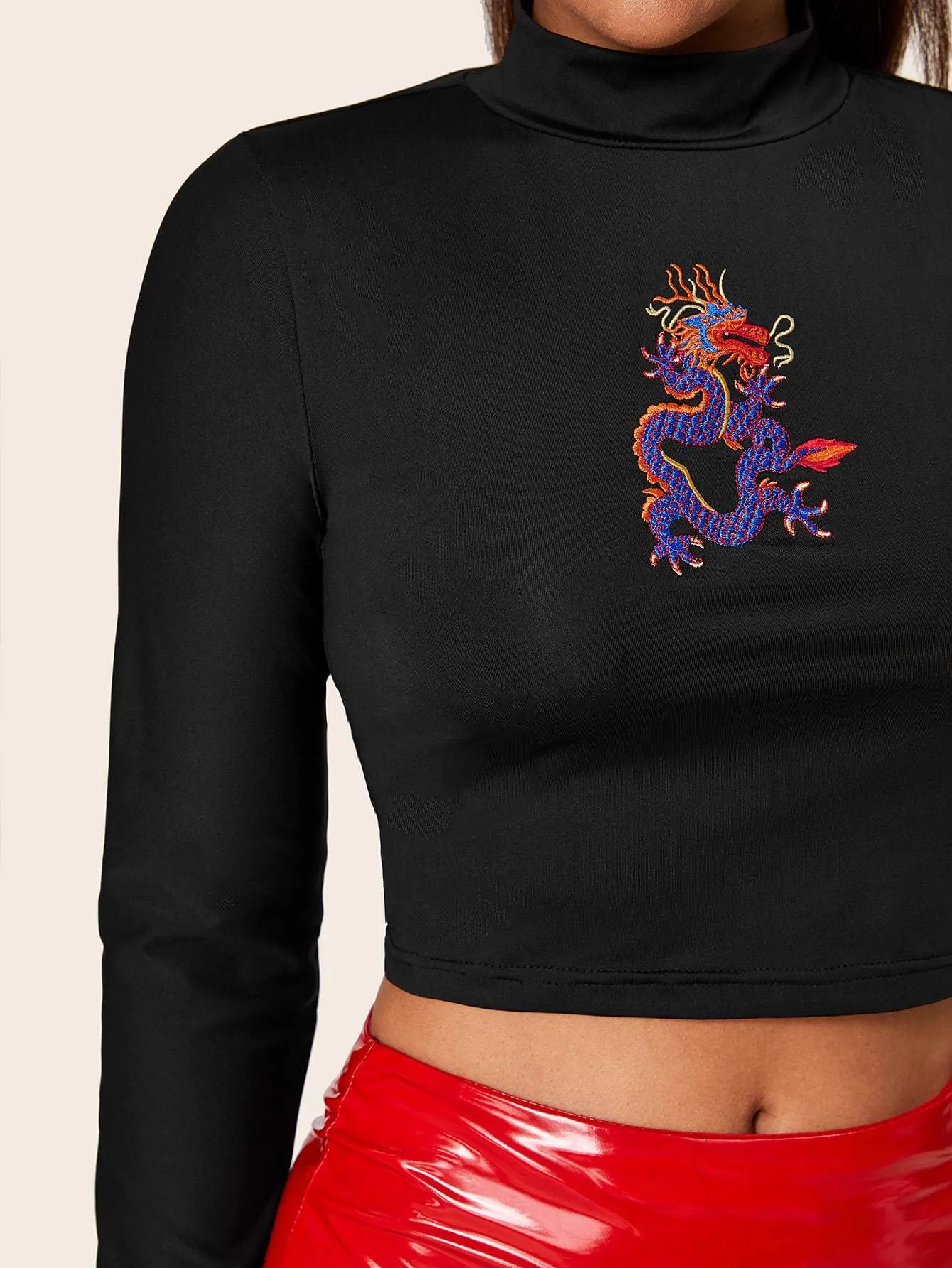 Dragon Embroidery Mock Neck Crop Tee