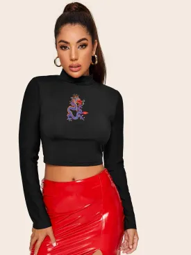 Dragon Embroidery Mock Neck Crop Tee