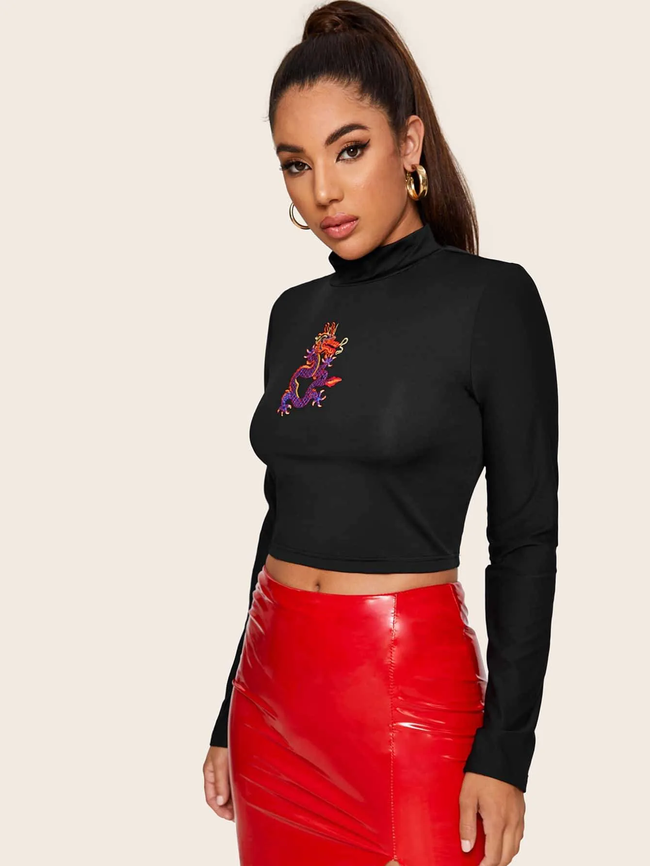 Dragon Embroidery Mock Neck Crop Tee