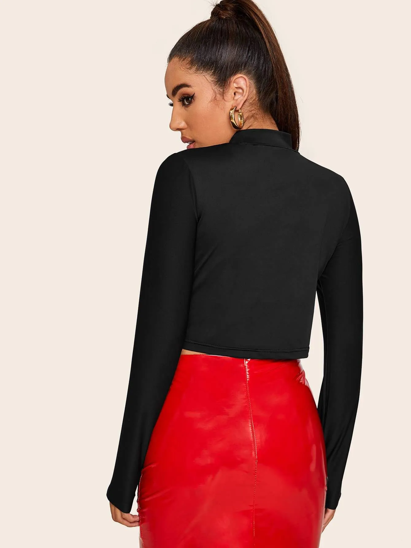 Dragon Embroidery Mock Neck Crop Tee