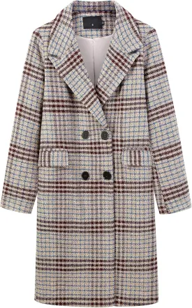 ebossy Women's Classic Notch Lapel Double Breasted Plaid Duster Trench Coat Oversized Wool Blend Mid Long Pea Coats