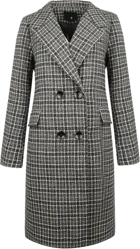 ebossy Women's Classic Notch Lapel Double Breasted Plaid Duster Trench Coat Oversized Wool Blend Mid Long Pea Coats