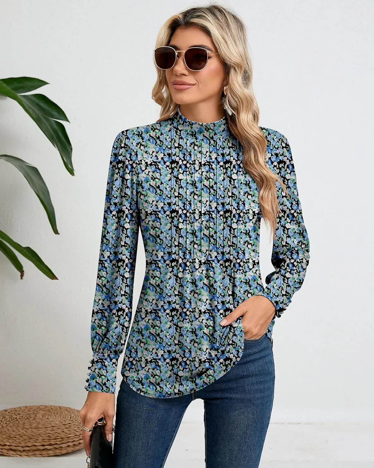 Ficerd Women's Mock Neck Puff Long Sleeve Blouses Dressy Casual Tunic Tops Business Loose Fit Shirts Button Cuffs