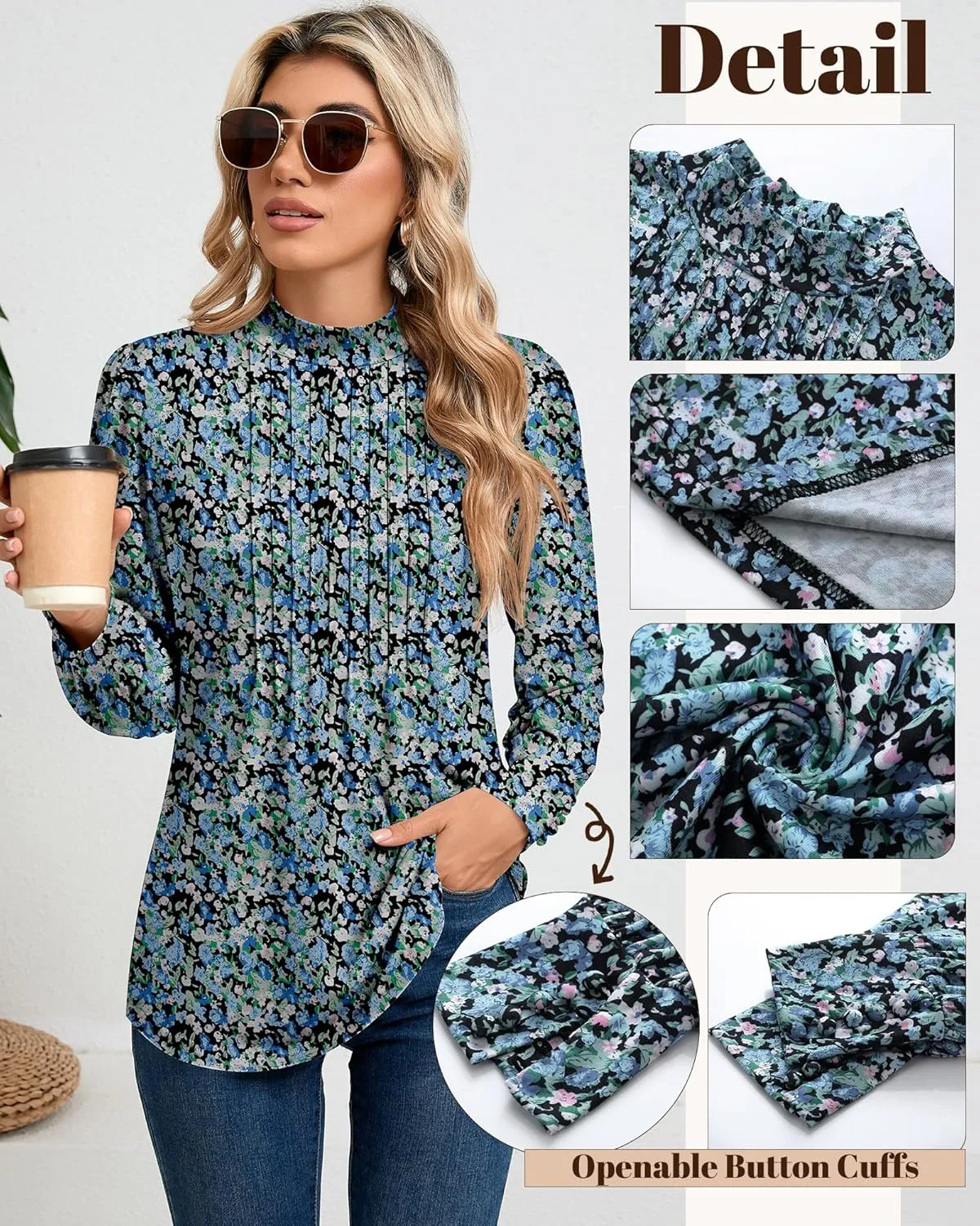 Ficerd Women's Mock Neck Puff Long Sleeve Blouses Dressy Casual Tunic Tops Business Loose Fit Shirts Button Cuffs