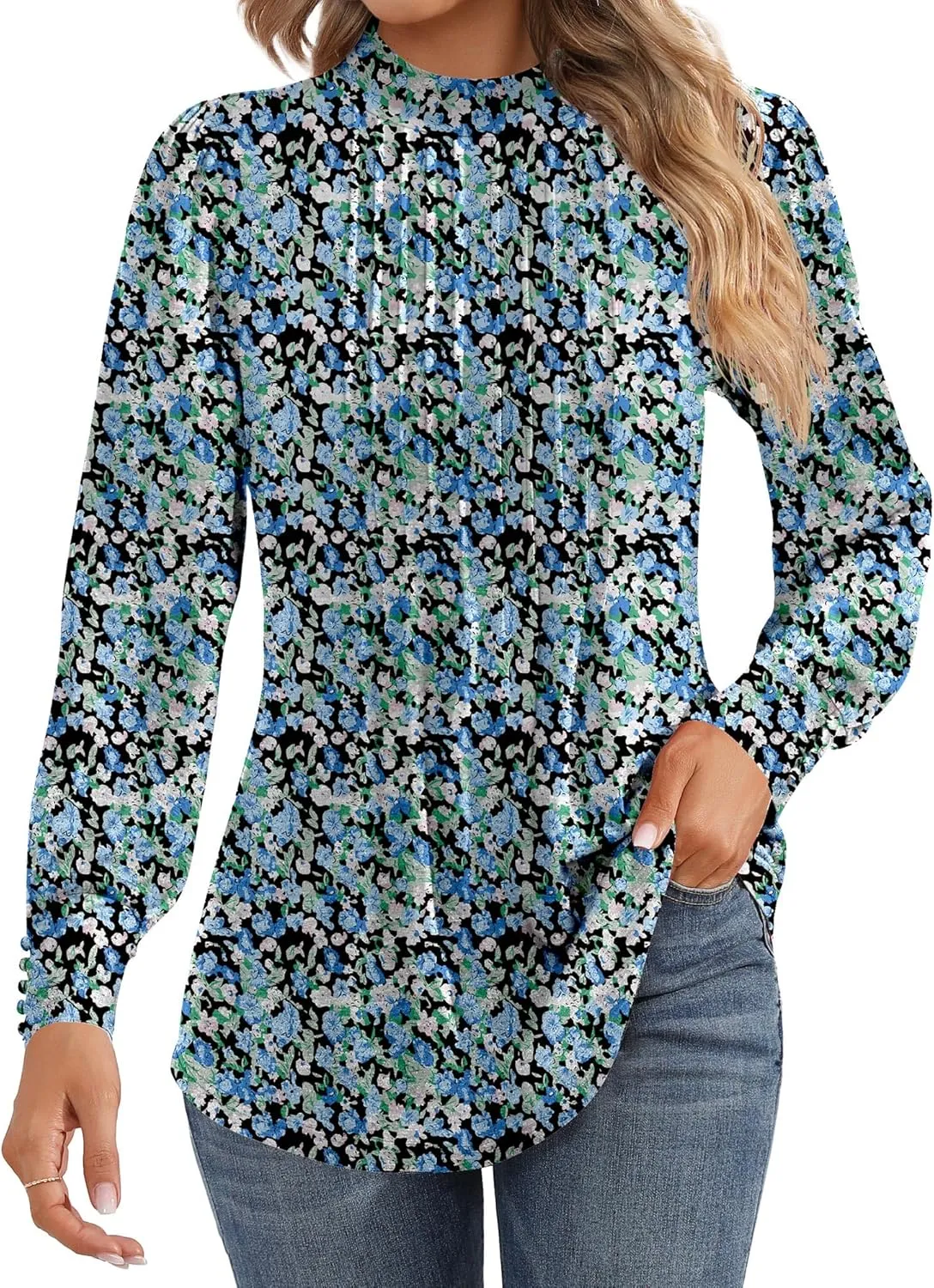 Ficerd Women's Mock Neck Puff Long Sleeve Blouses Dressy Casual Tunic Tops Business Loose Fit Shirts Button Cuffs