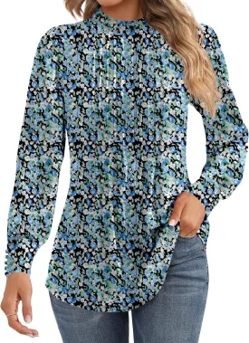 Ficerd Women's Mock Neck Puff Long Sleeve Blouses Dressy Casual Tunic Tops Business Loose Fit Shirts Button Cuffs