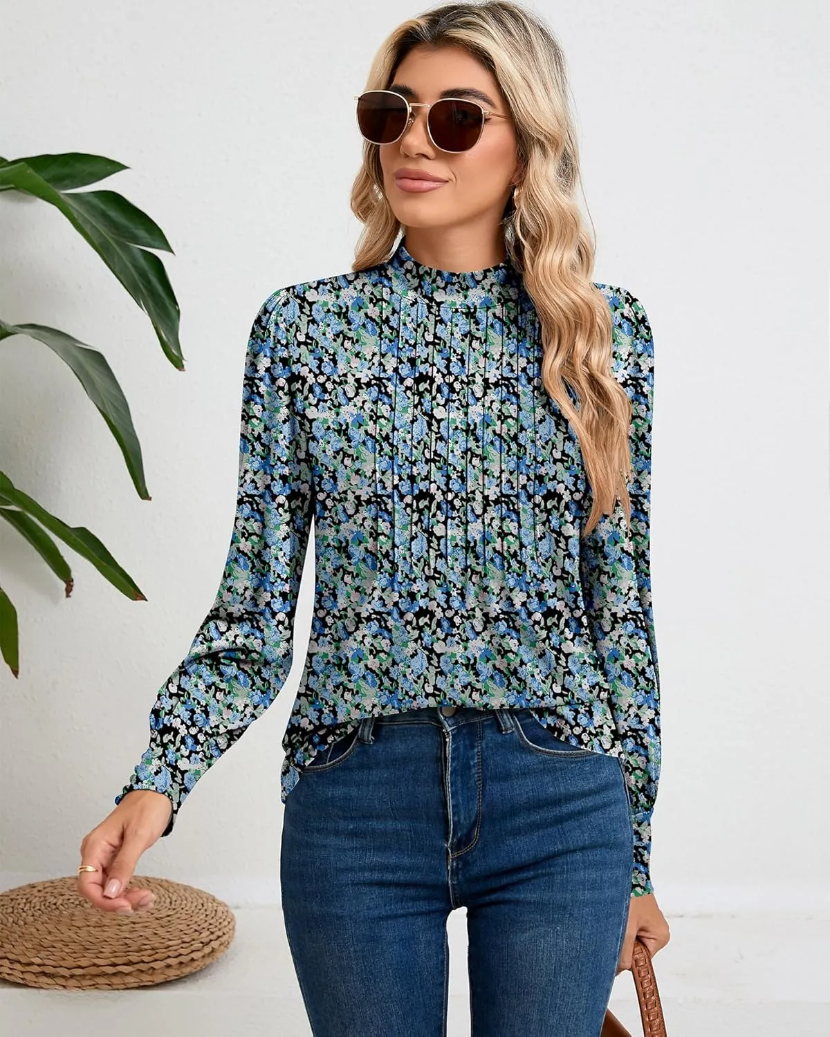 Ficerd Women's Mock Neck Puff Long Sleeve Blouses Dressy Casual Tunic Tops Business Loose Fit Shirts Button Cuffs
