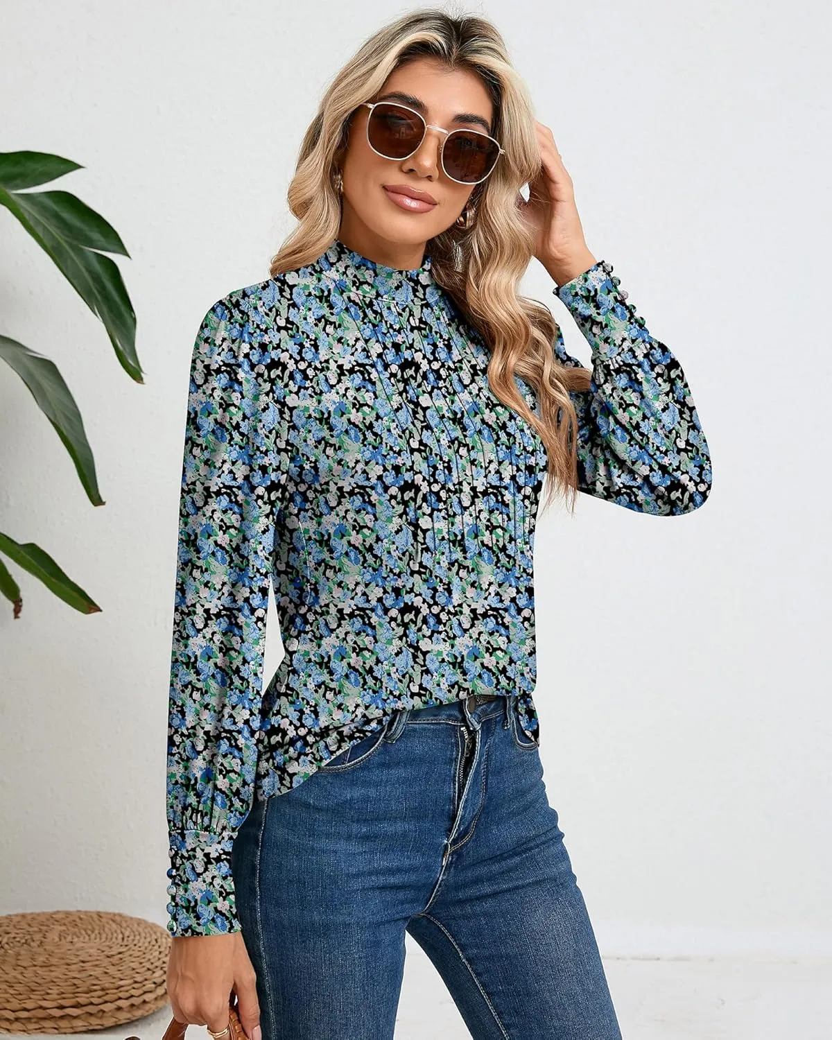 Ficerd Women's Mock Neck Puff Long Sleeve Blouses Dressy Casual Tunic Tops Business Loose Fit Shirts Button Cuffs