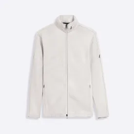 Full Zip Mock Neck Sweatshirt with Stow-Away Hood.