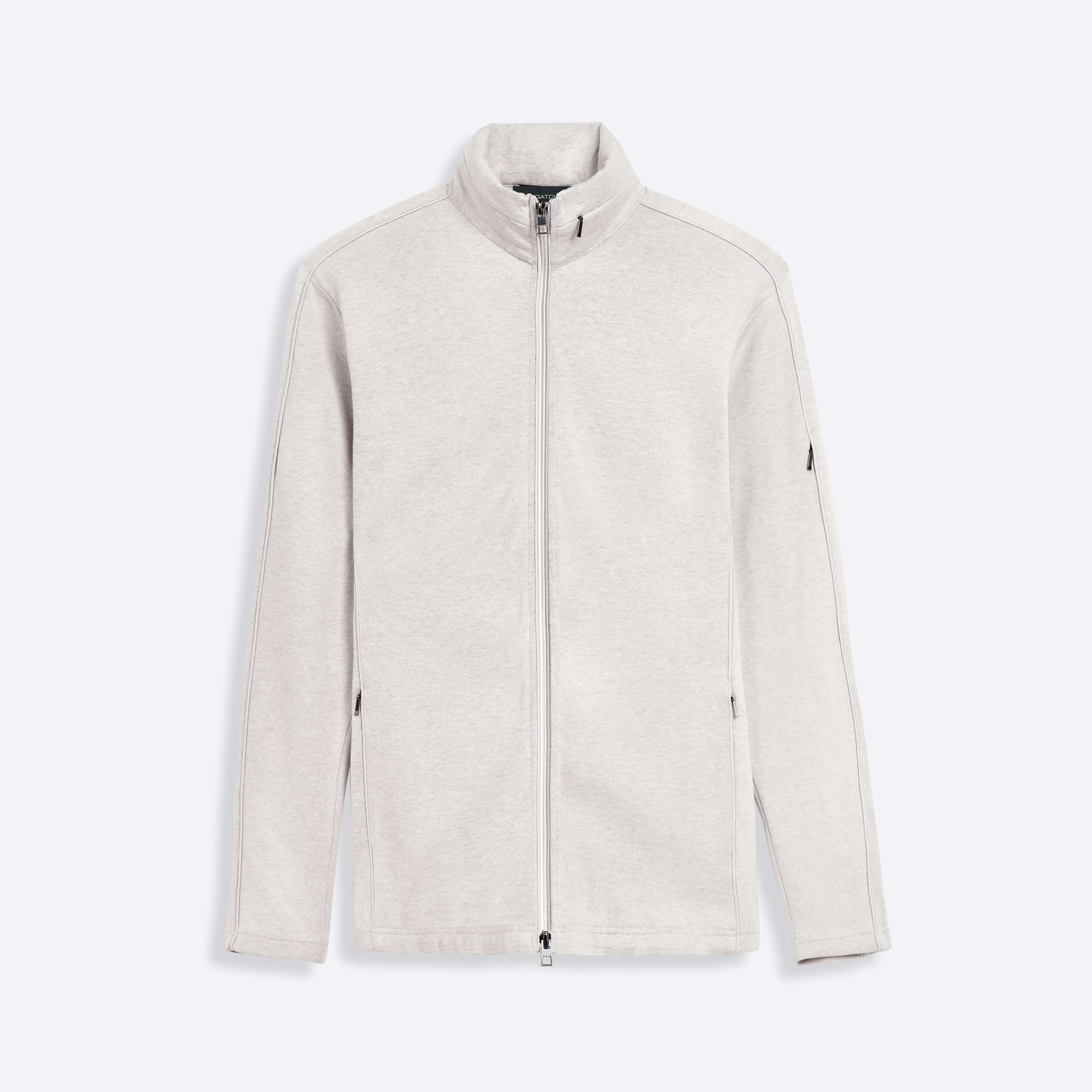 Full Zip Mock Neck Sweatshirt with Stow-Away Hood.