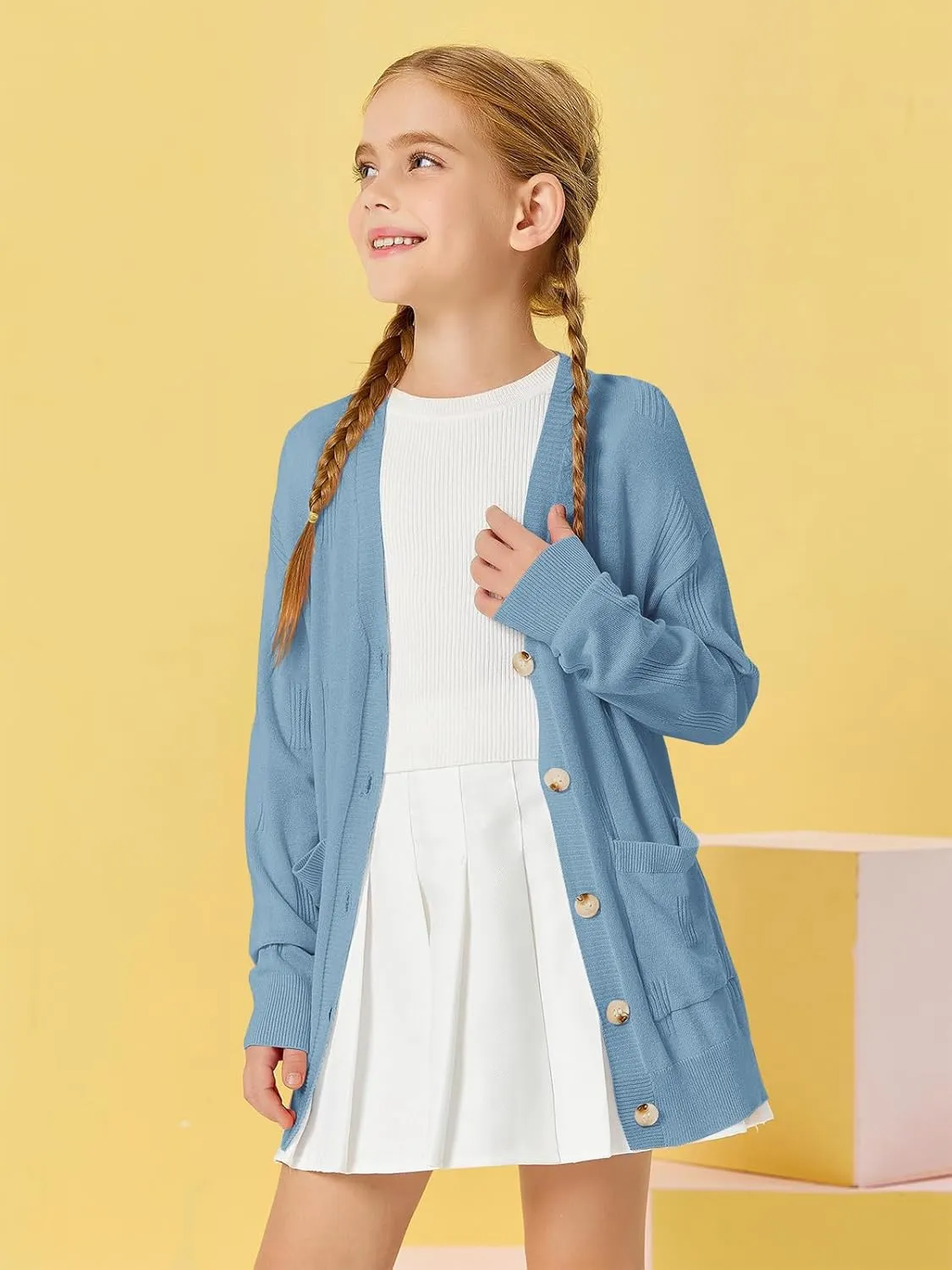 Girls Cardigans Kids Fashion Open Front Long Sleeve Knit Sweaters Outerwear with Pockets 5-14 Years