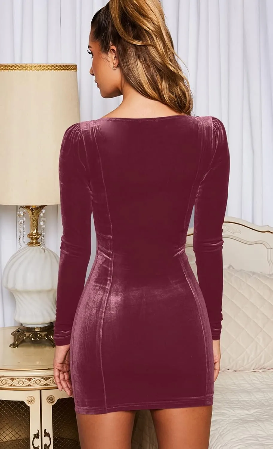 GOBLES Womens Sexy Velvet Long Sleeve Bodycon Elegant Mini Party Dress
