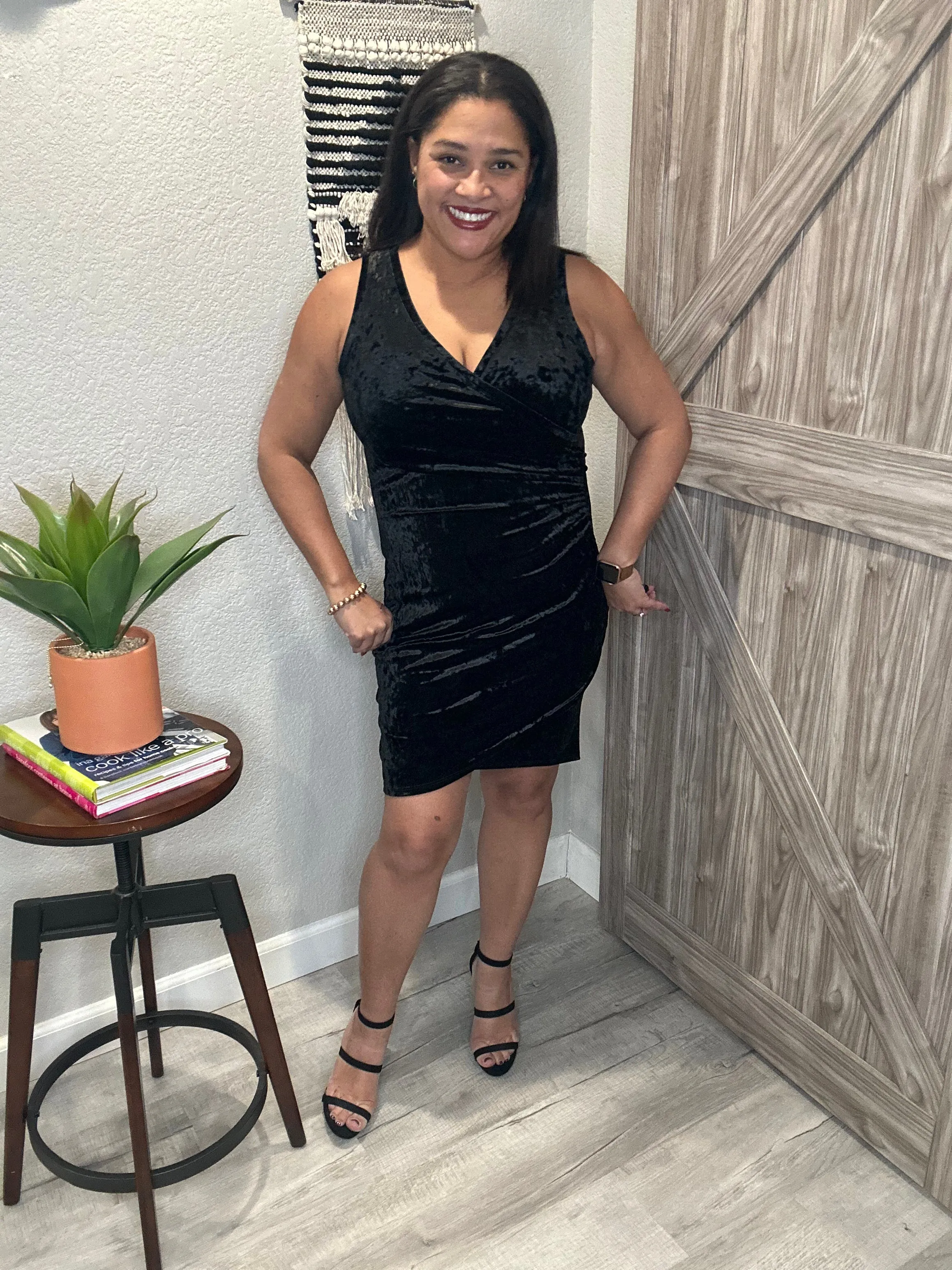Holiday Black Crushed Velvet Faux Wrap Dress