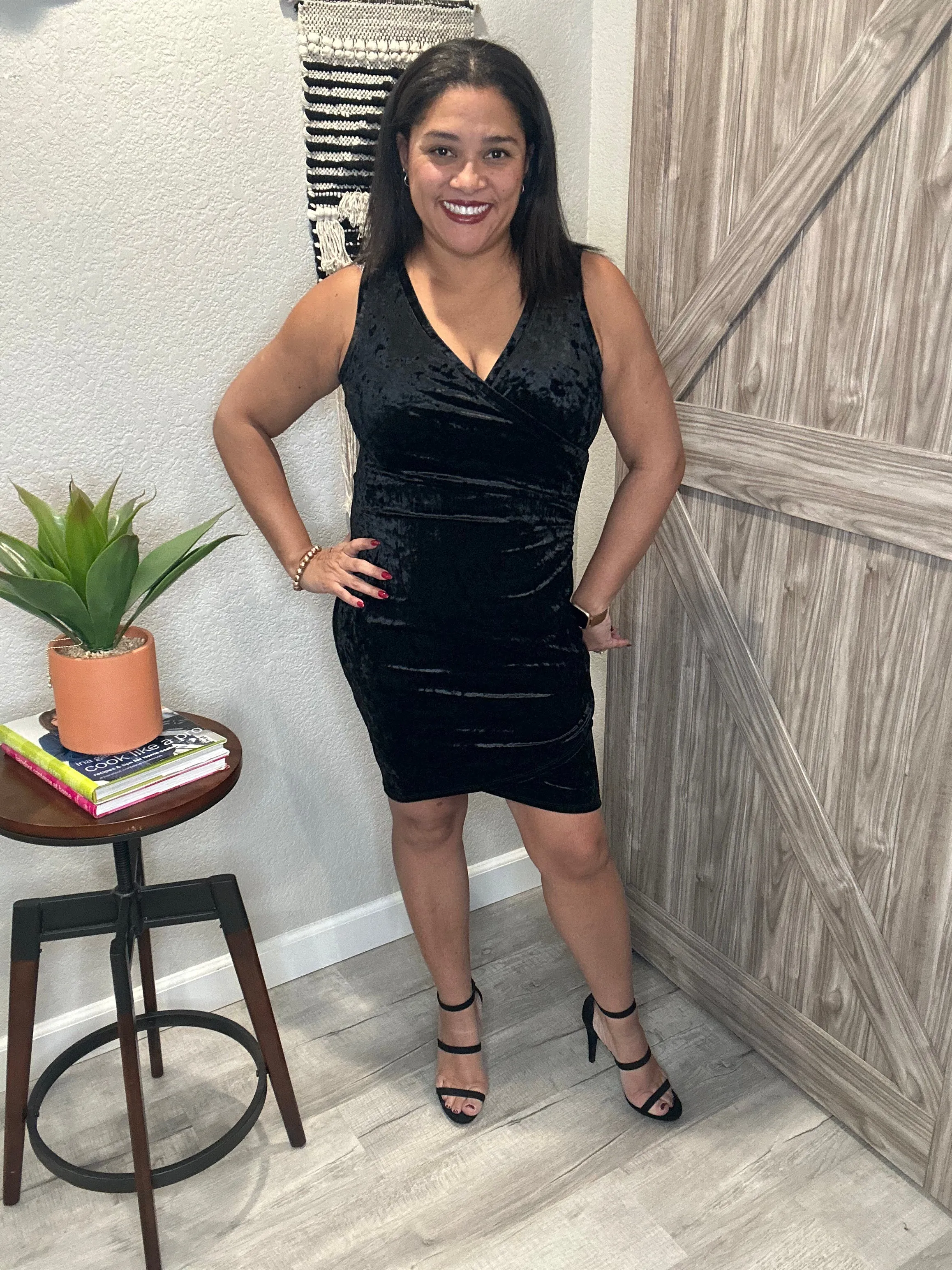 Holiday Black Crushed Velvet Faux Wrap Dress