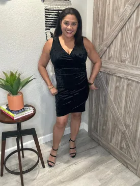 Holiday Black Crushed Velvet Faux Wrap Dress