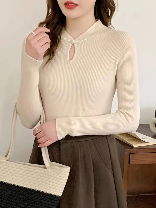 Hollow Solid Color Long Sleeves Skinny Mock Neck Sweater Tops Pullovers