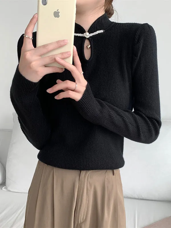Hollow Solid Color Long Sleeves Skinny Mock Neck Sweater Tops Pullovers