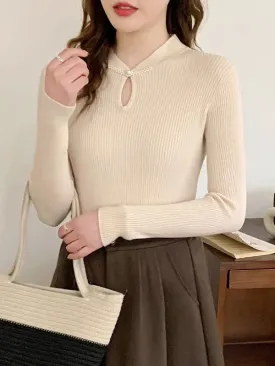 Hollow Solid Color Long Sleeves Skinny Mock Neck Sweater Tops Pullovers