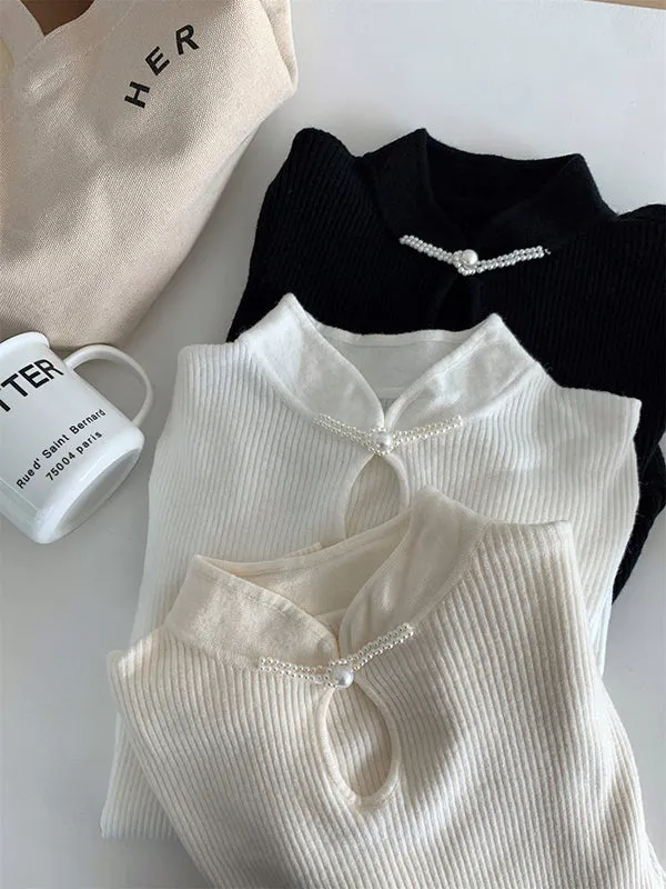 Hollow Solid Color Long Sleeves Skinny Mock Neck Sweater Tops Pullovers