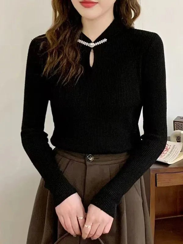 Hollow Solid Color Long Sleeves Skinny Mock Neck Sweater Tops Pullovers