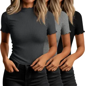 Huukeay 3 Pack Women's Mock Turtleneck Short Sleeve Tops Cotton Ribbed Lettuce Trim T Shirts Slim Fit Casual Base Tee