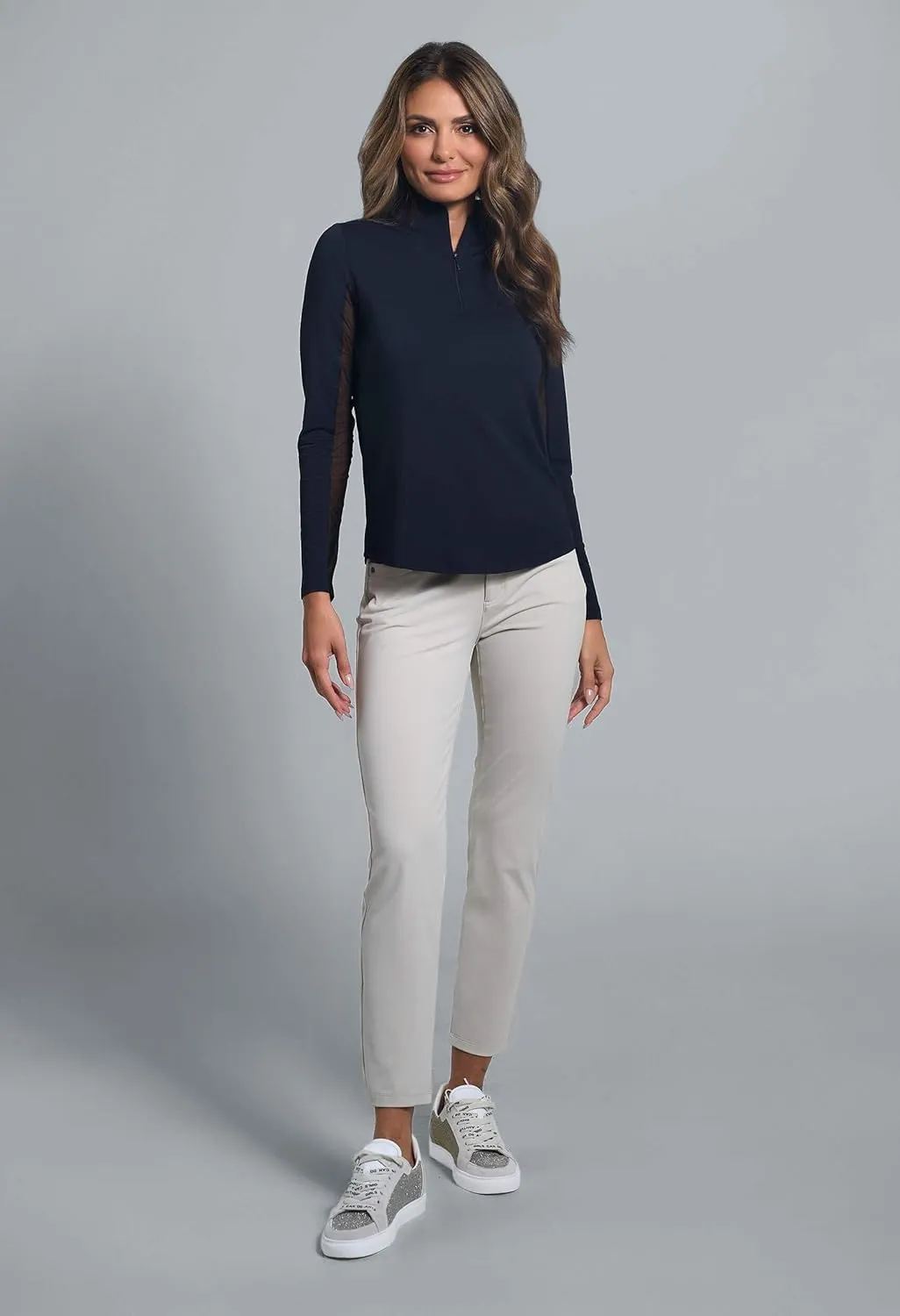 IBKUL Women's Solid Long Sleeve 1/4-zip Mock Neck Shirt