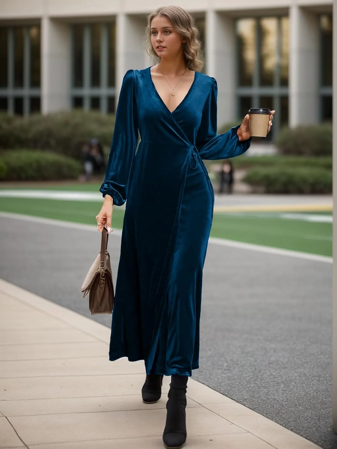 IFFEI Women's V-Neck Velvet Dress Fall Winter Wrap Cocktail Party Dresses Long Sleeve Maxi Dress