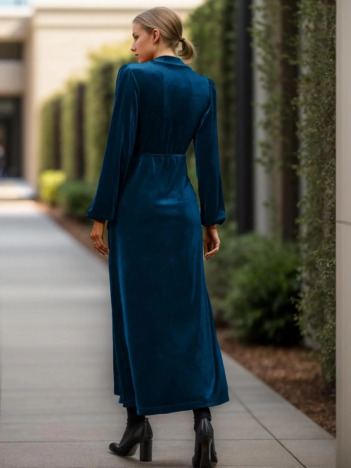 IFFEI Women's V-Neck Velvet Dress Fall Winter Wrap Cocktail Party Dresses Long Sleeve Maxi Dress