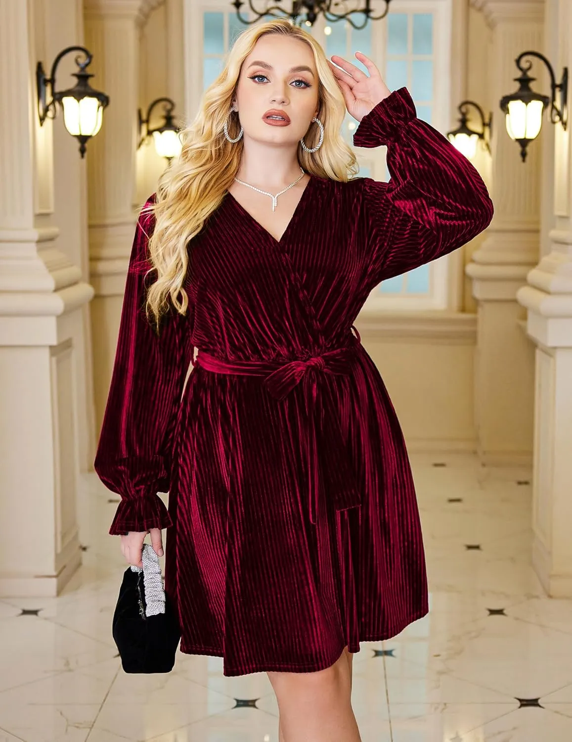 IN'VOLAND Women's Plus Size Velvet Dress Wrap Sexy V Neck Flared Cocktail Party Dresses Long Sleeve Semi Formal Mini Dress