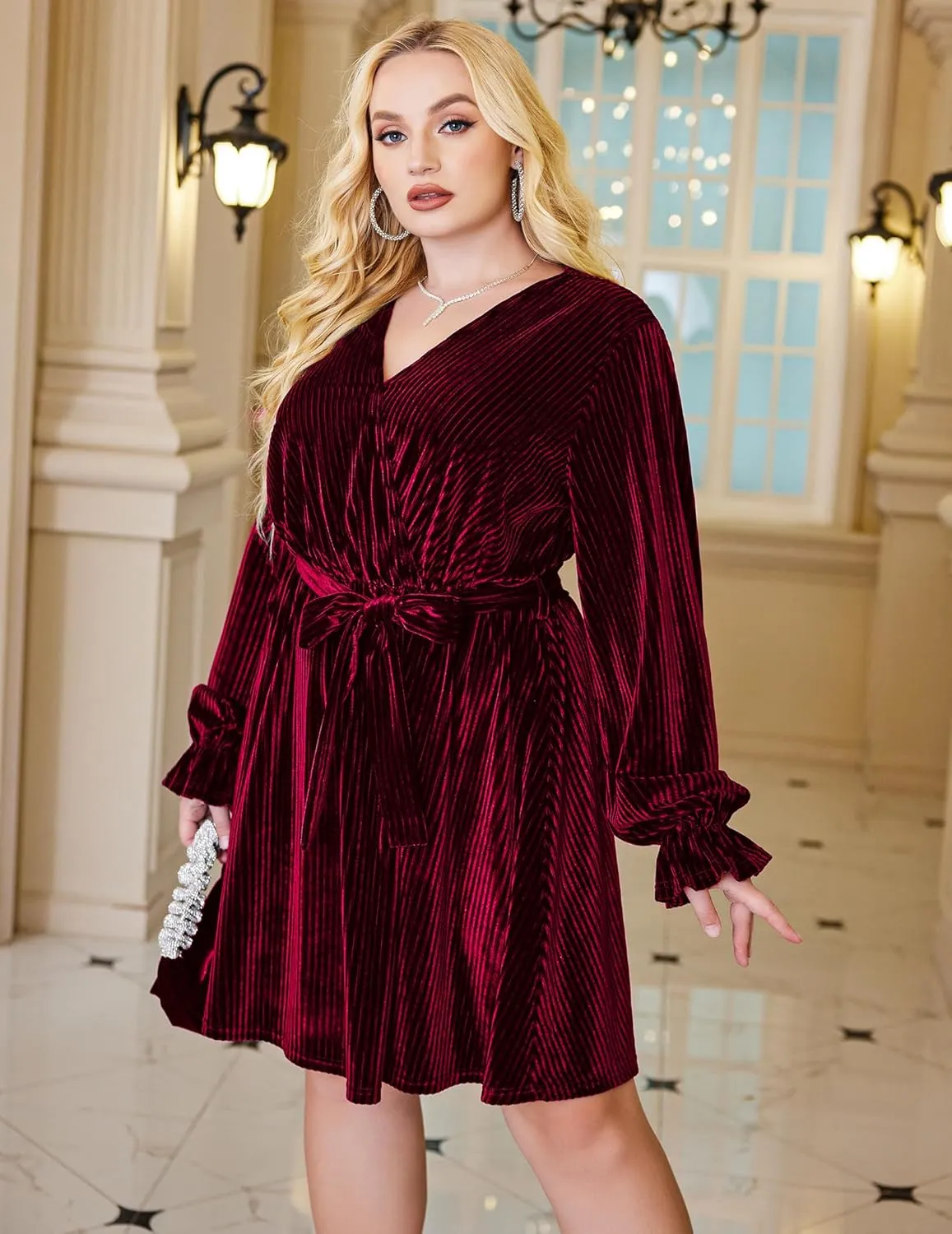 IN'VOLAND Women's Plus Size Velvet Dress Wrap Sexy V Neck Flared Cocktail Party Dresses Long Sleeve Semi Formal Mini Dress