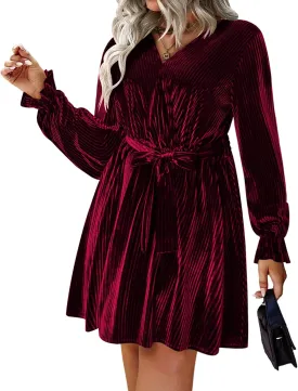 IN'VOLAND Women's Plus Size Velvet Dress Wrap Sexy V Neck Flared Cocktail Party Dresses Long Sleeve Semi Formal Mini Dress