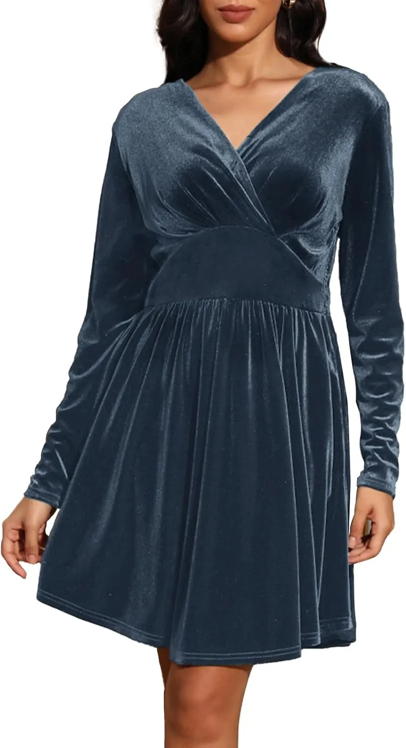 Jayscreate Women's 2024 V Neck Velvet Dress Pocket Long Sleeve Fall Winter Wrap Tunic Short Party Wedding Guest Dress
