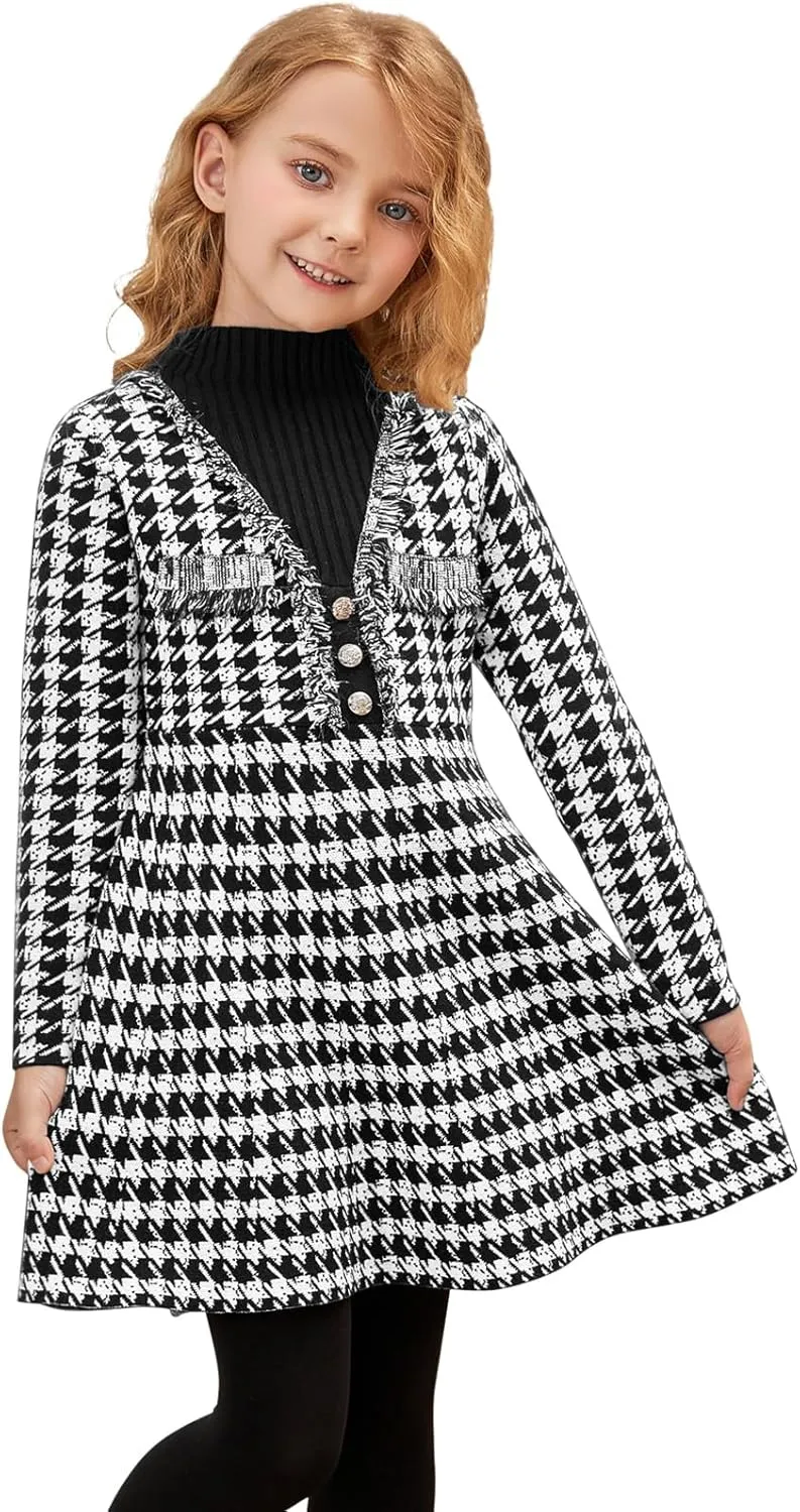 Jxstar Girls Knitted Sweater Dresses Kids Houndstooth Flare Winter Dress