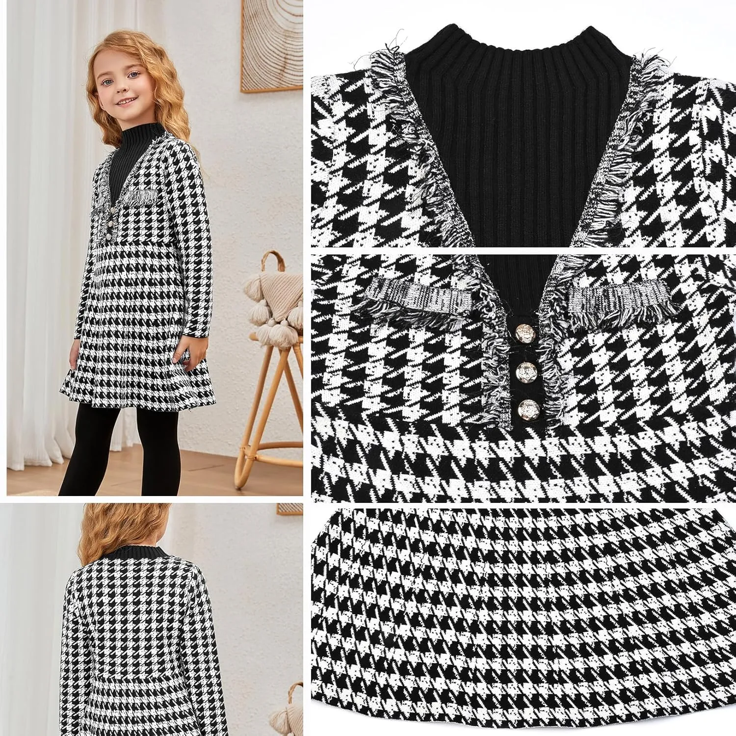 Jxstar Girls Knitted Sweater Dresses Kids Houndstooth Flare Winter Dress